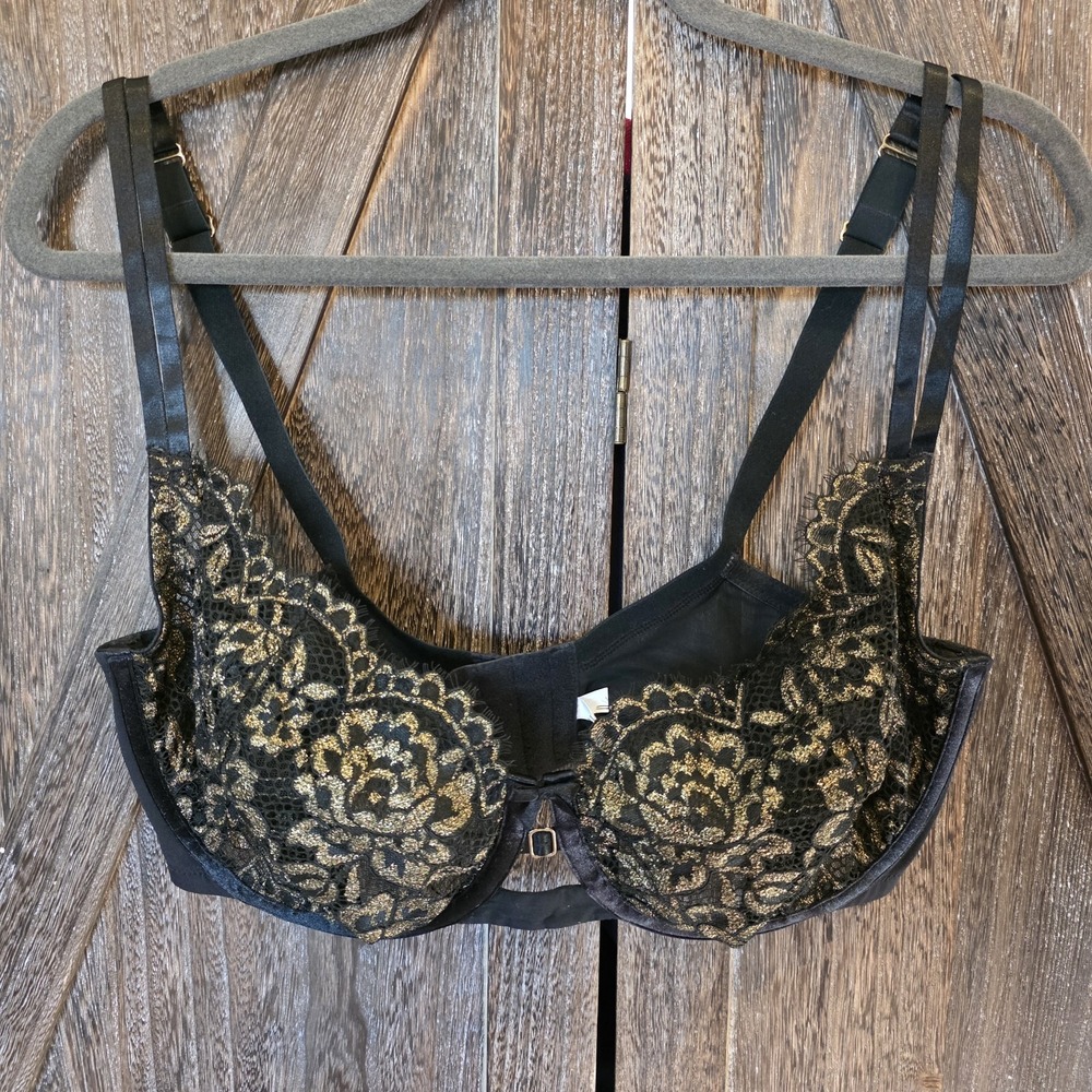 Cacique Bra Size 38F Black & Gold Lace Sparkly Underwire Unlined Balconette